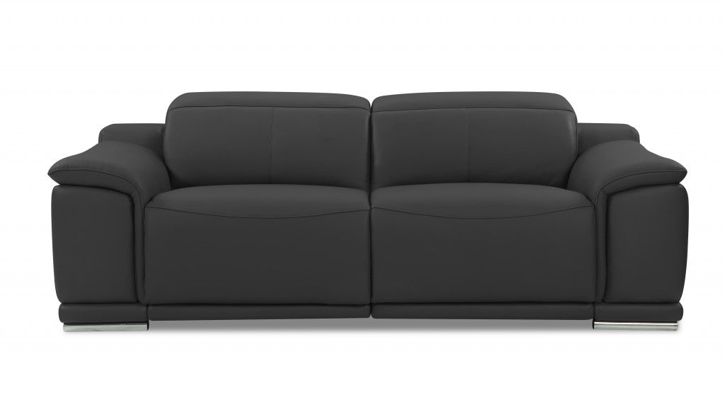 86" Dark Gray Italian Leather USB Reclining Sofa With Silver Legs-1