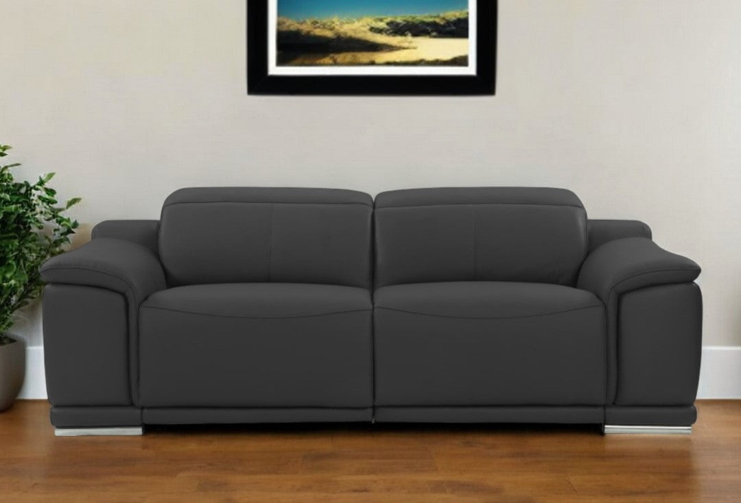 86" Dark Gray Italian Leather USB Reclining Sofa With Silver Legs-0