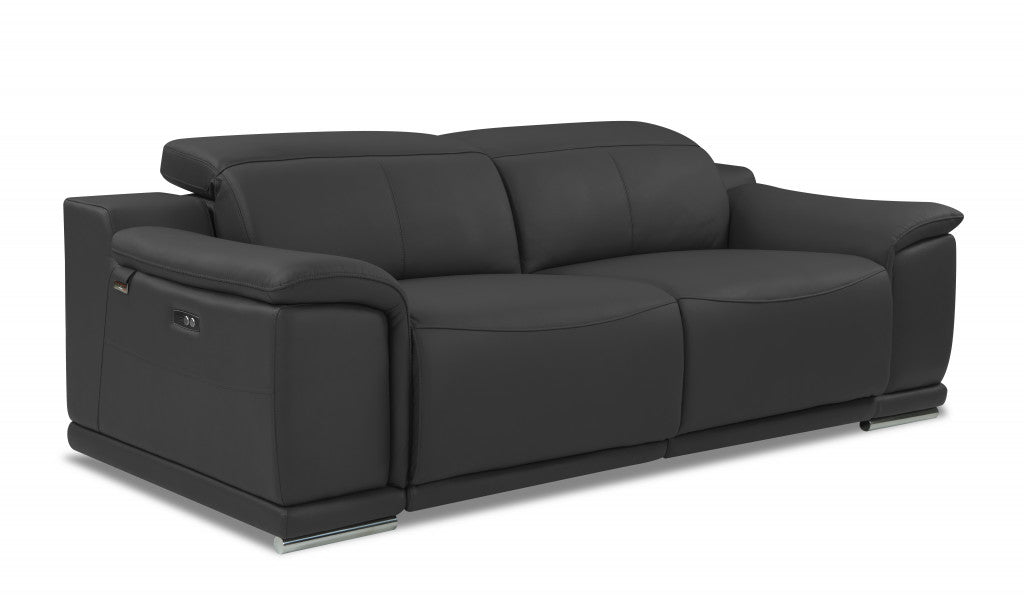 86" Dark Gray Italian Leather USB Reclining Sofa With Silver Legs-2