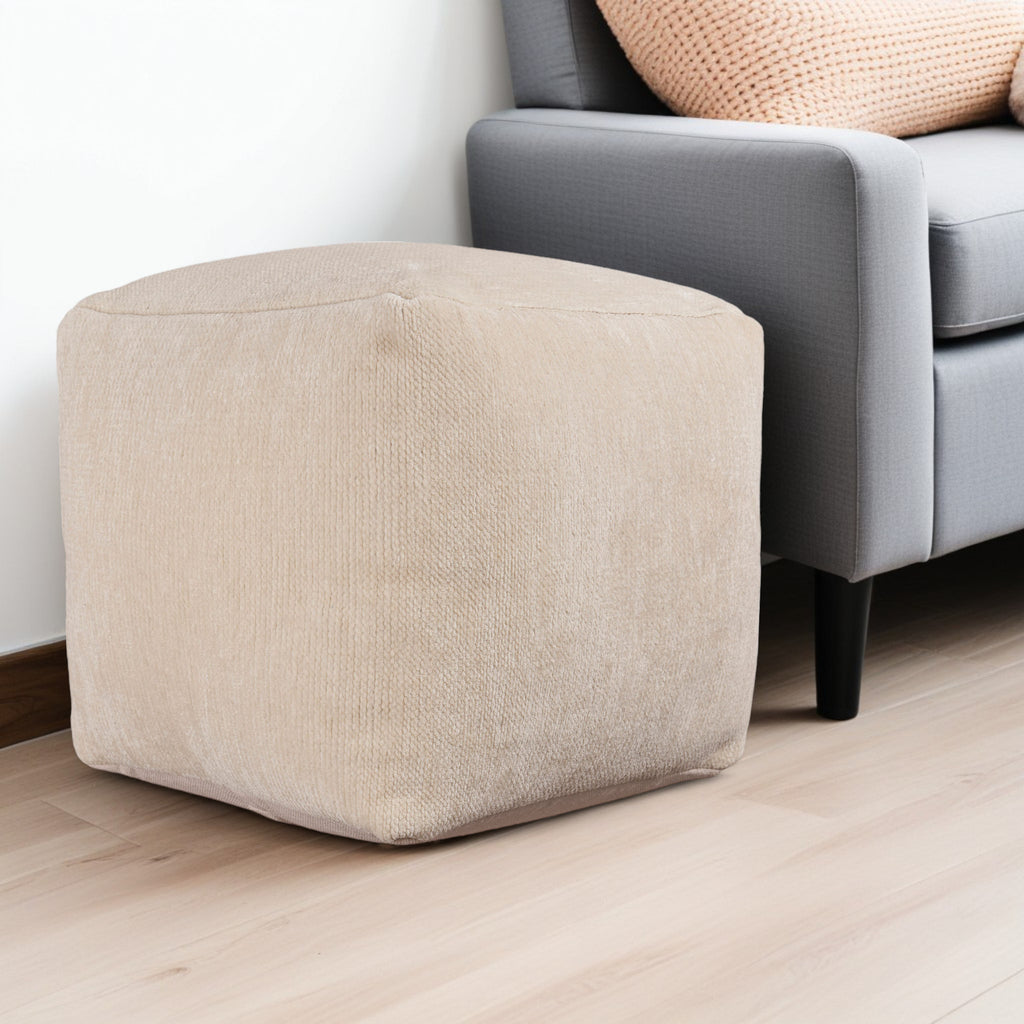 18" Ivory Chenille Cube Pouf Ottoman-0