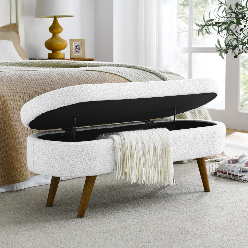 44" White and Brown Linen Upholstered Storage Bench with Flip Top-8