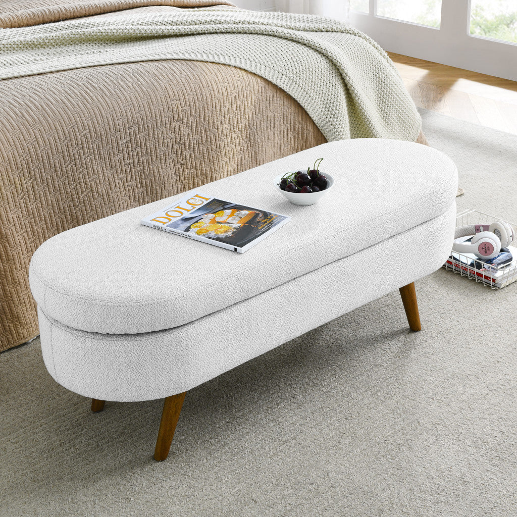 44" White and Brown Linen Upholstered Storage Bench with Flip Top-5