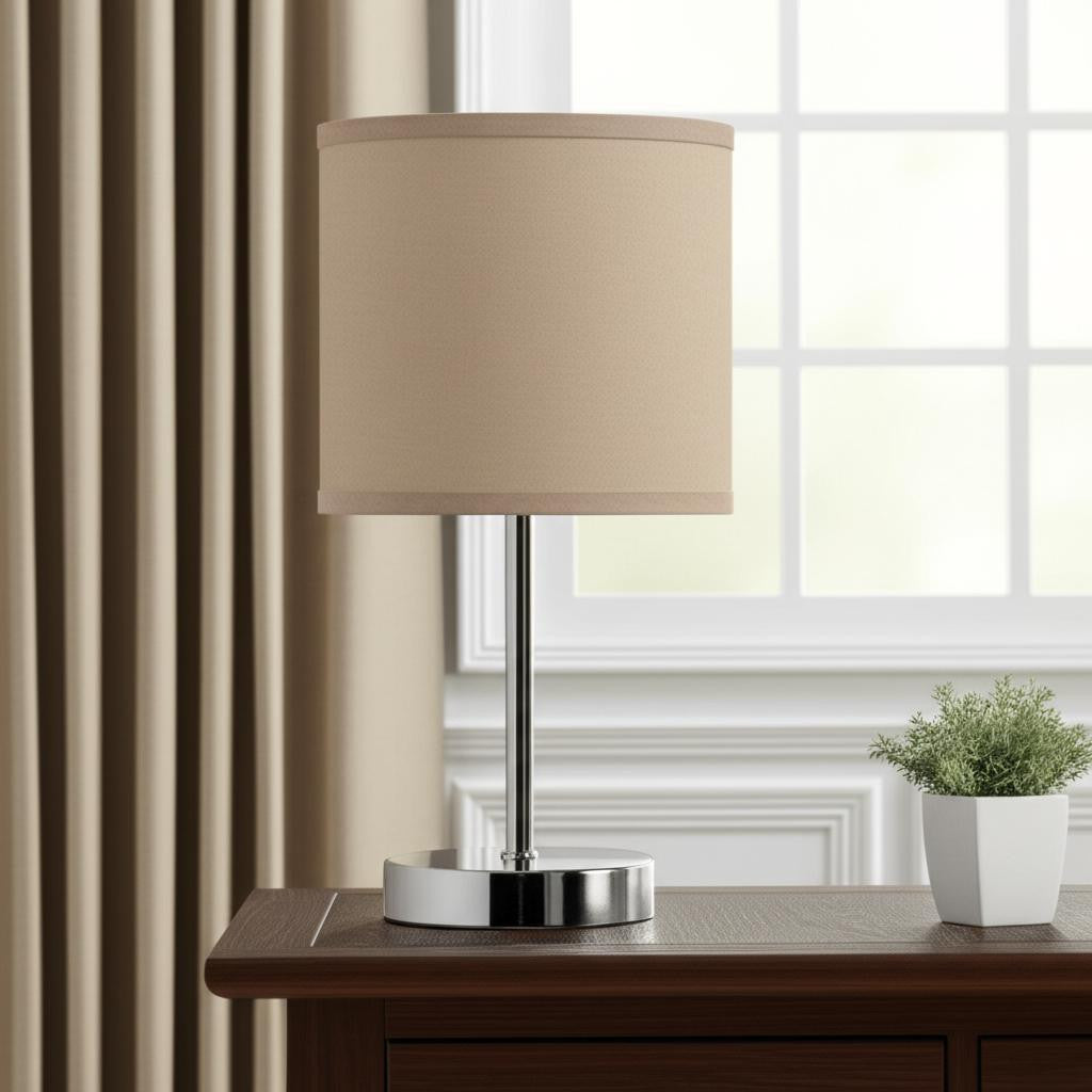 12" Silver Metal Table Lamp LED With Gray Drum Shade-0